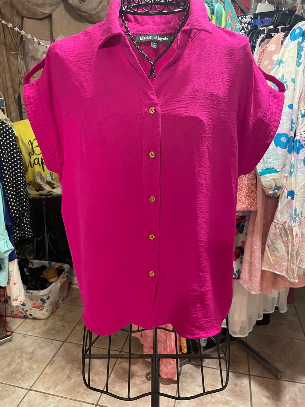 Elizabeth & Nicole Fuchsia Short-Sleeve Button-Down Top